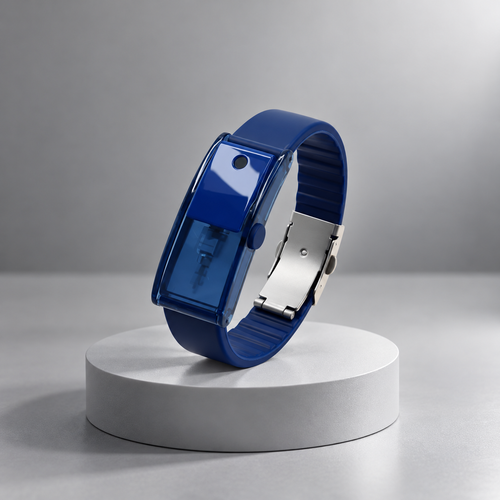 Sapphire Blue Araumo Sillage scent diffuser bracelet on a white pedestal