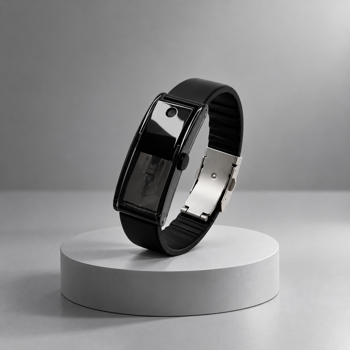 Onyx Black Araumo Sillage scent diffuser bracelet on a white pedestal