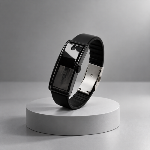 Onyx Black Araumo Sillage scent diffuser bracelet on a white pedestal
