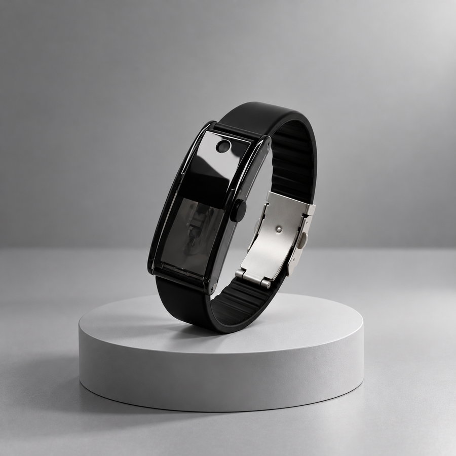 Onyx Black Araumo Sillage scent diffuser bracelet on a white pedestal