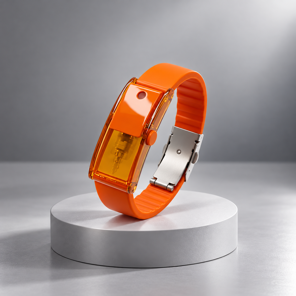 Amber Orange Araumo Sillage scent diffuser bracelet on a white pedestal