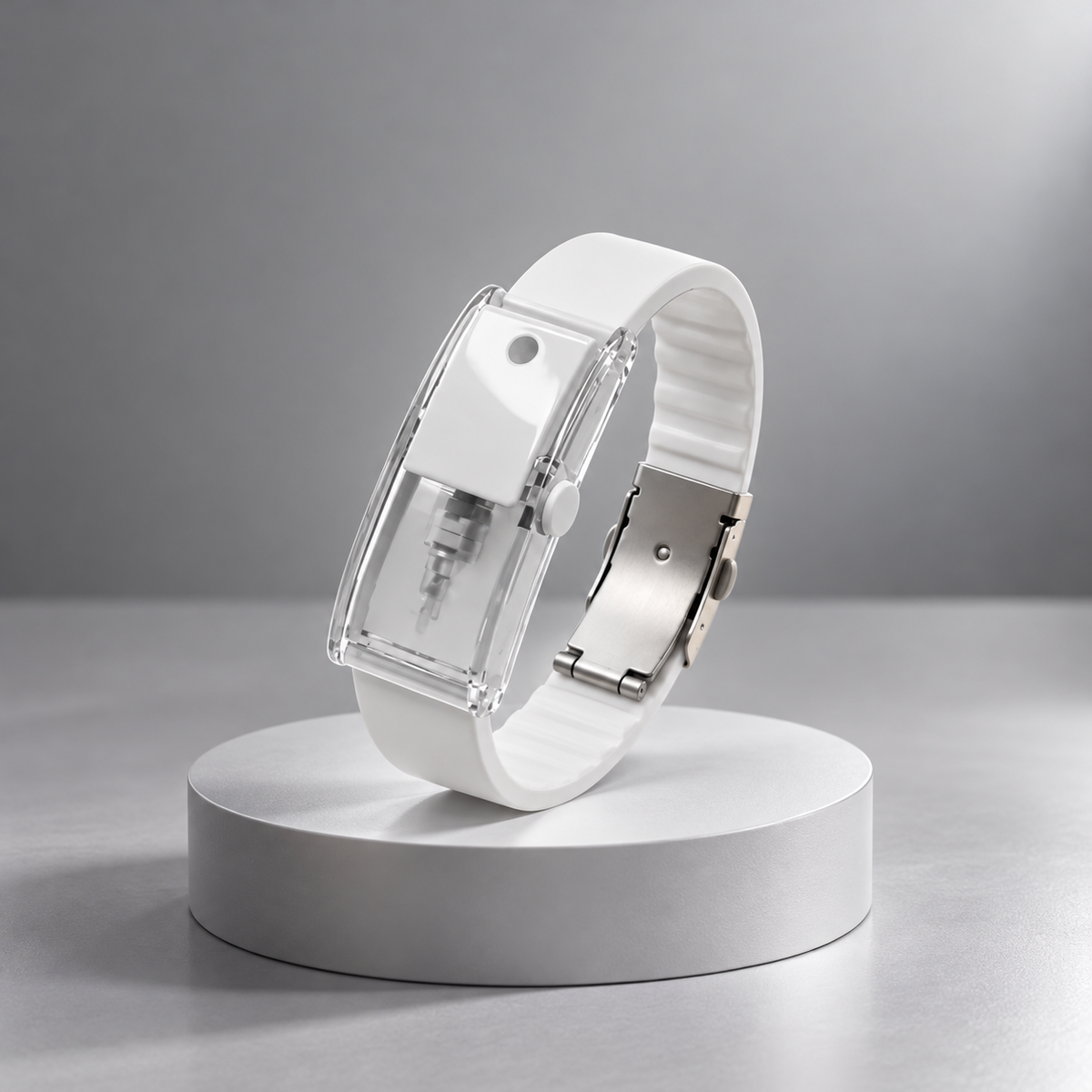 Pearl White Araumo Sillage scent diffuser bracelet on a white pedestal