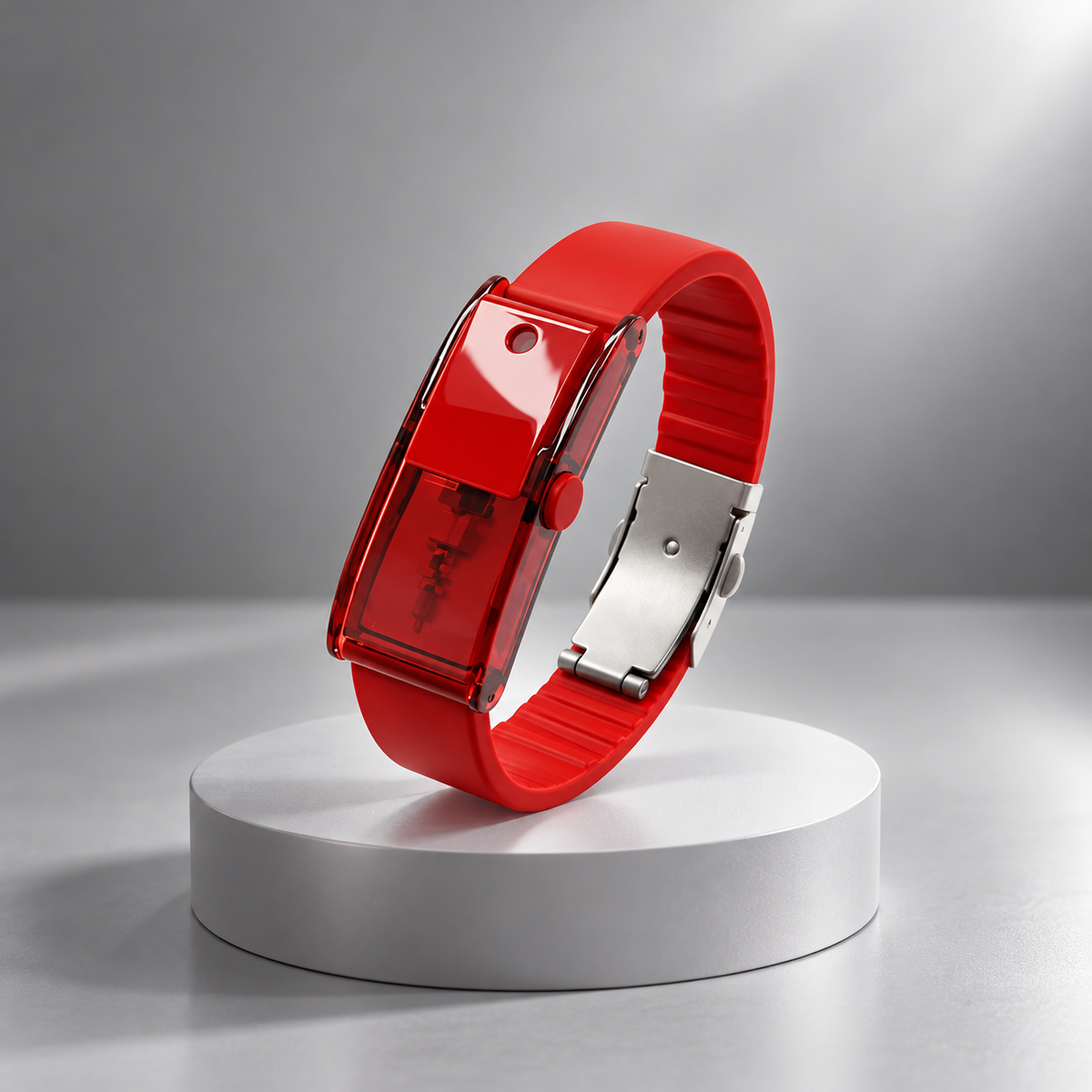 Ruby Red Araumo Sillage scent diffuser bracelet on a white pedestal